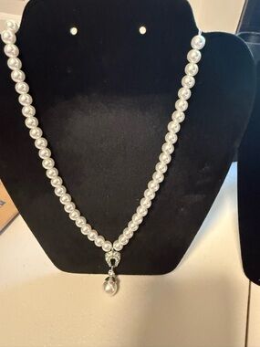 Monet White Pearl Necklace with Crystal and pearl Drop